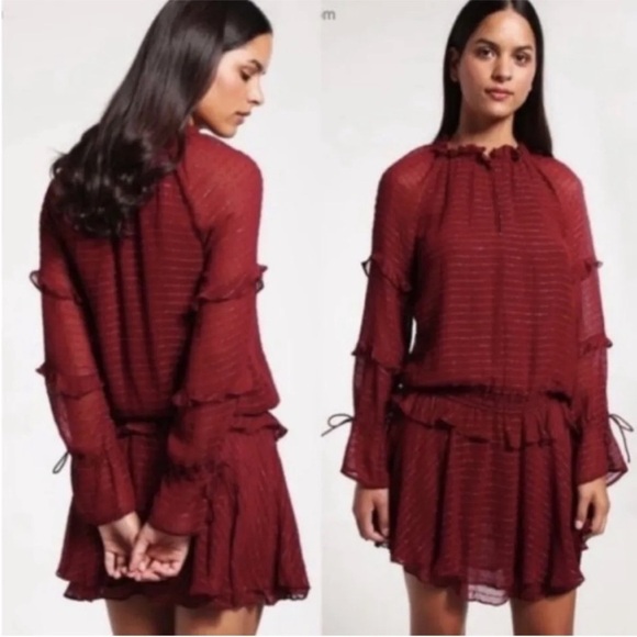 Anthropologie Intropia Ruffled Tunic Mini Dress Burgundy Red wine Sz 36 US 0 - Picture 1 of 8